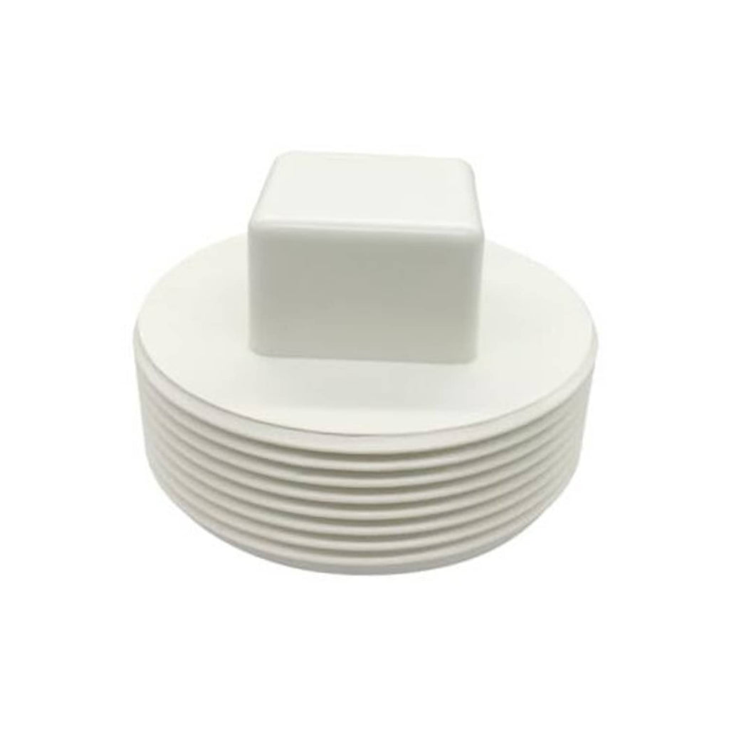 White PVC cleanout plug with male NPT threads and square cover top, threaded end