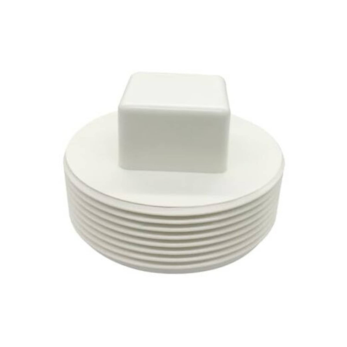 White PVC cleanout plug with male NPT threads and square cover top, threaded end
