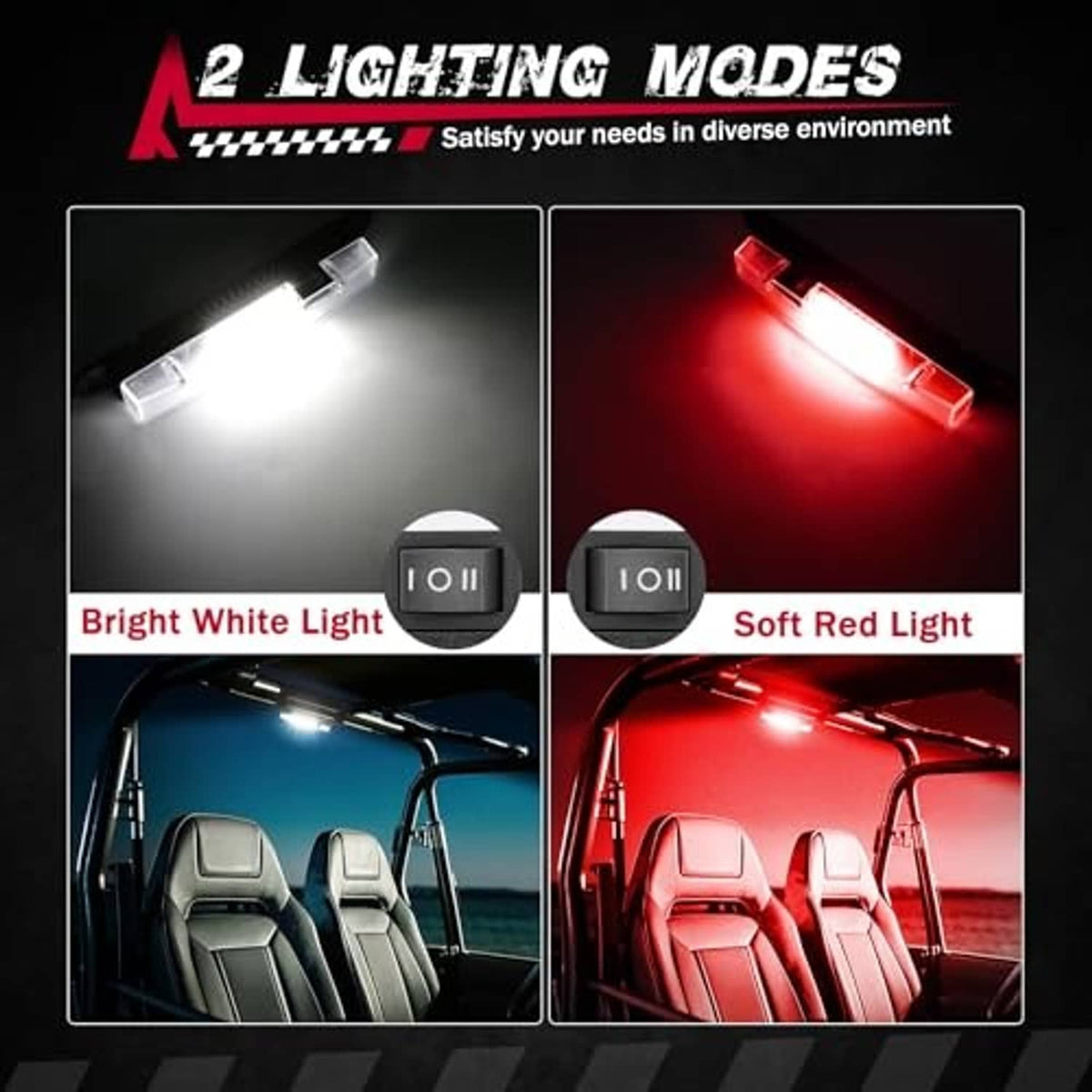 UTV roll bar dome light showing bright white and soft red LED illumination