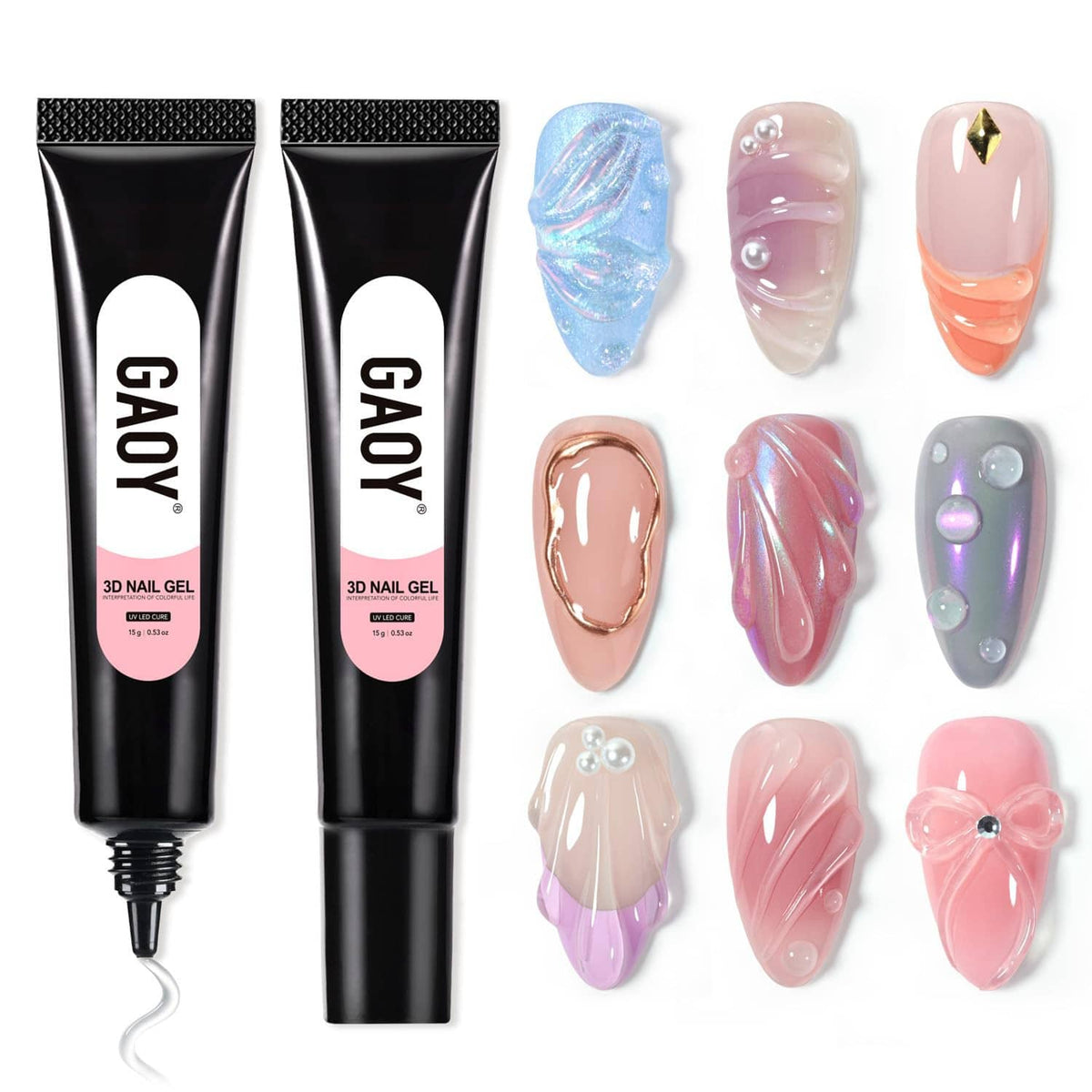 3D nail gel set with two black tubes and nine molded nail art samples in pastel colors