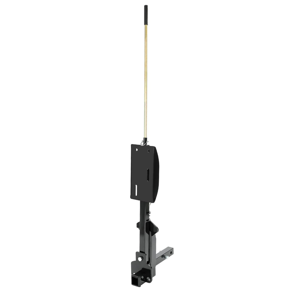 Side view of black spare tire carrier with extended threaded post and base bracket