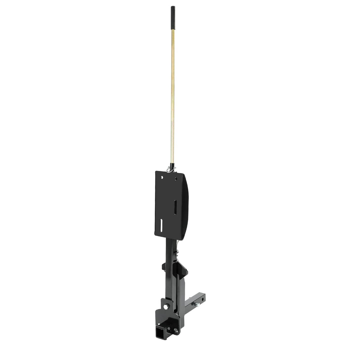 Side view of black spare tire carrier with extended threaded post and base bracket