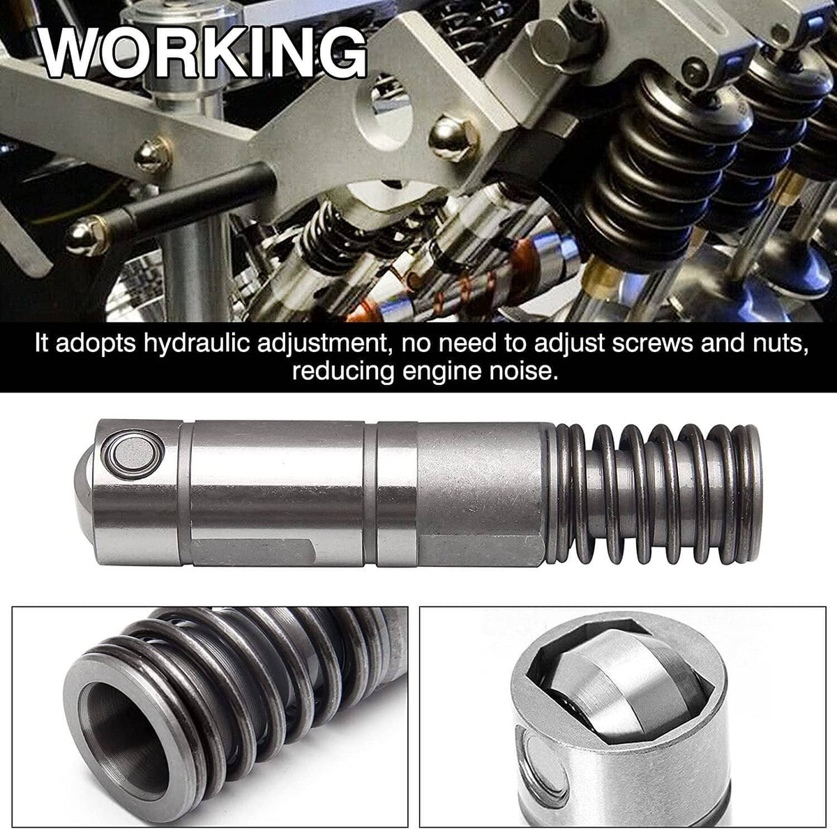 Hydraulic valve lifter with compressed black coil spring and hex end, steel finish
