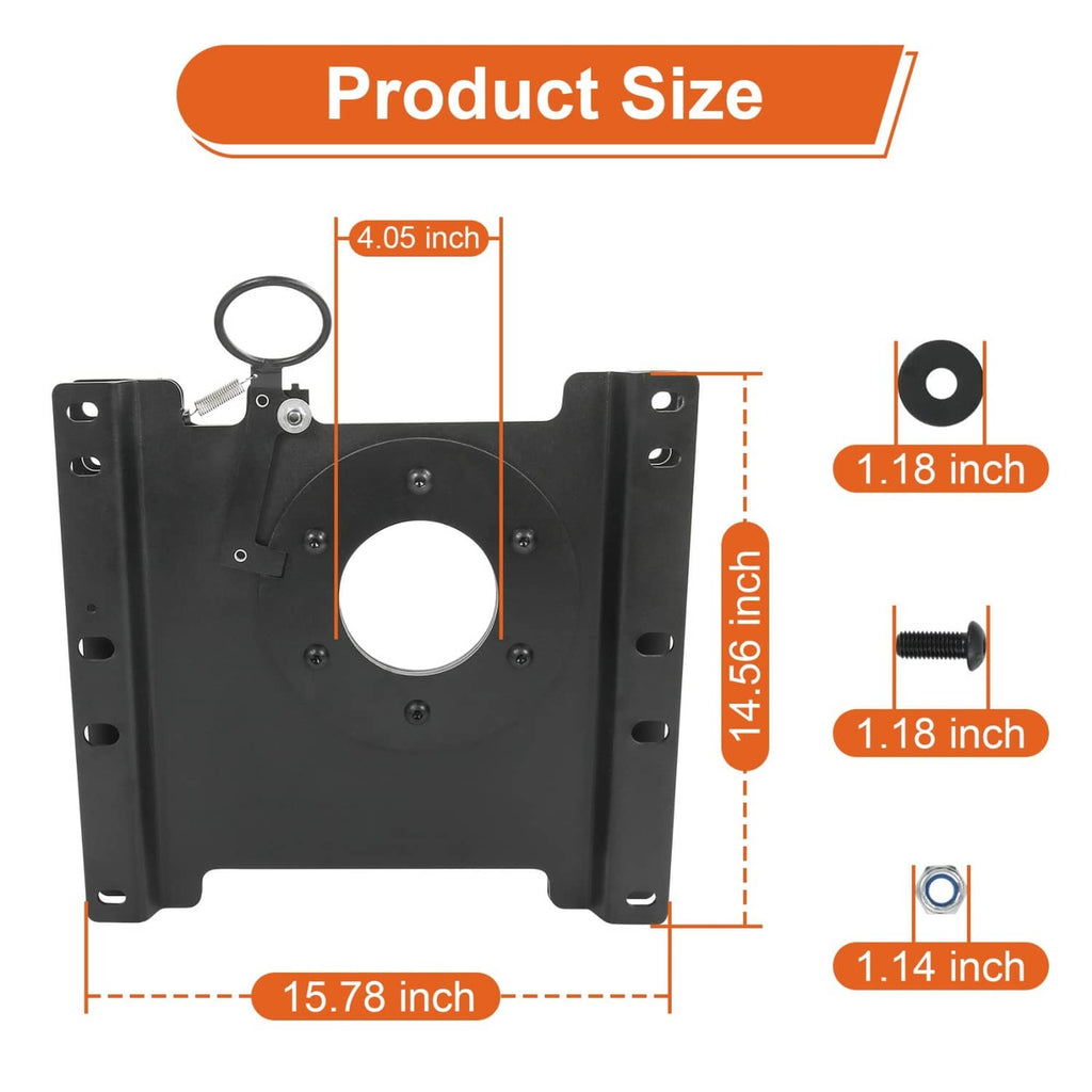 Black swivel base mounting plate with center circular hole and side bolt holes for installation