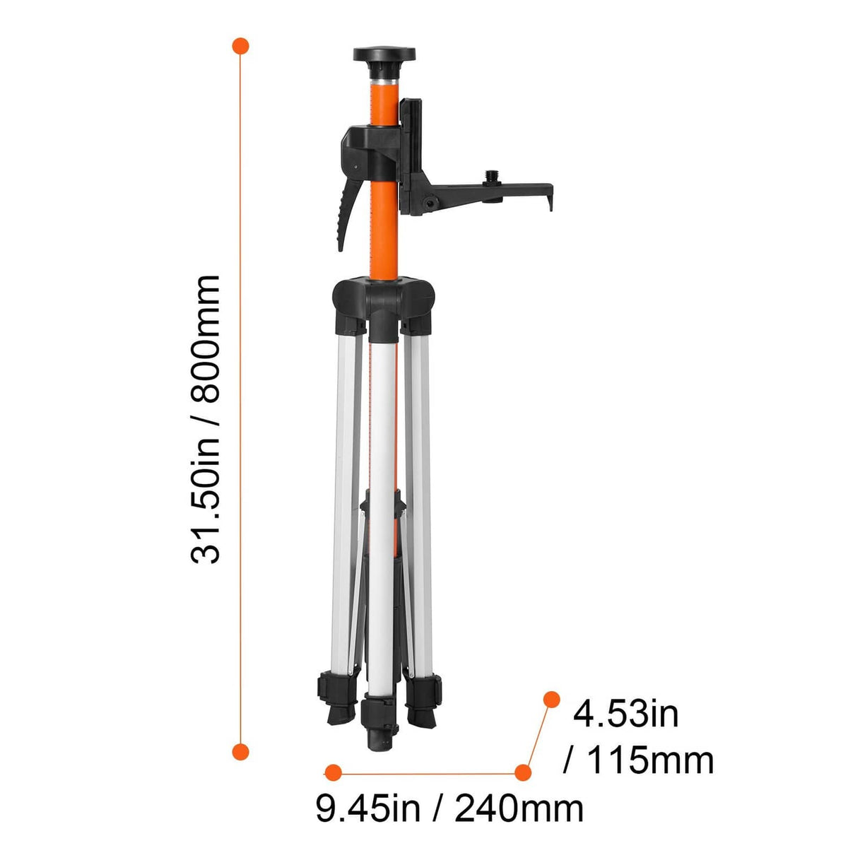 Tall orange-and-black laser level tripod with silver legs and mounted head