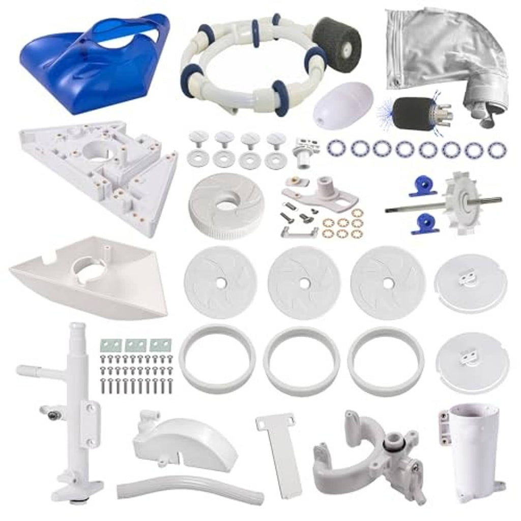 Pool vacuum head rebuild kit with blue housing, hoses, wheels, filter bag, and screws
