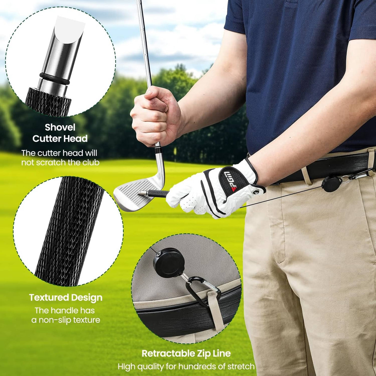 Golf club groove sharpener cutter head with textured handle and retractable zip-line clip