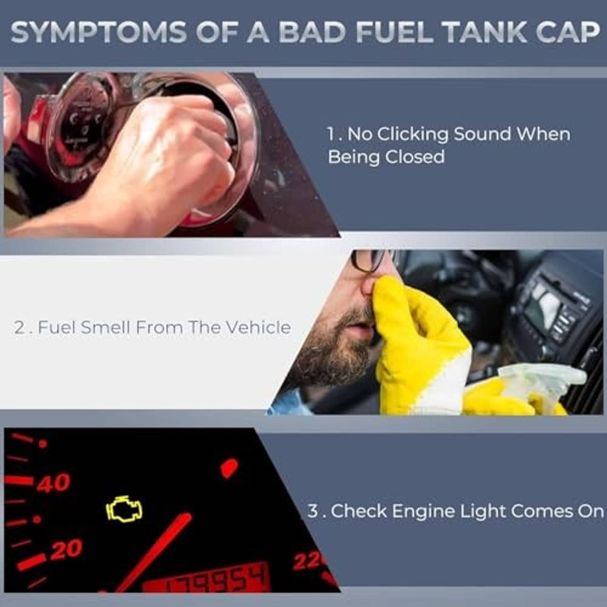 Signs of a bad fuel tank cap shown with hand on cap and warning indicators