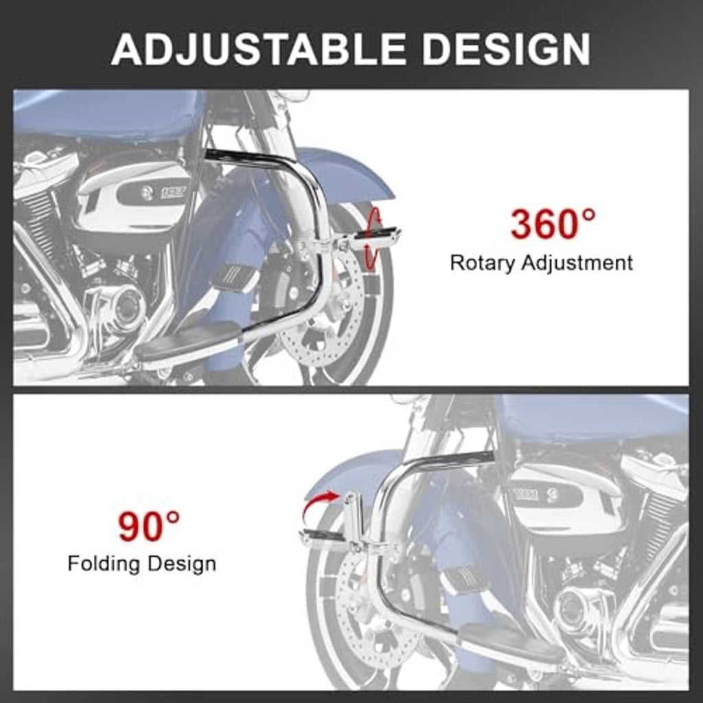 360° adjustable folding foot pegs with chrome hardware and black rubber pads