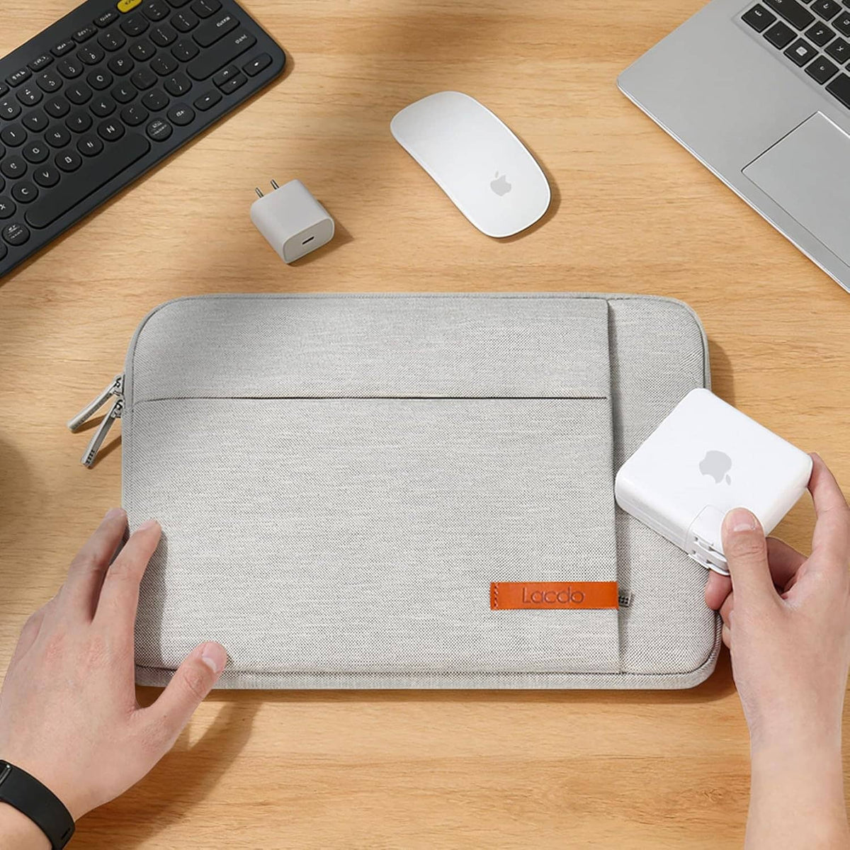 Light gray 13-inch laptop sleeve case with zipper closure and padded interior lining