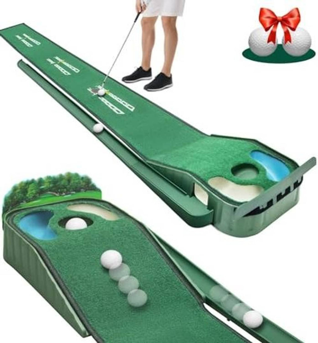 Green golf putting mat with hazard track, raised edges, golf ball targets, and practice lane.