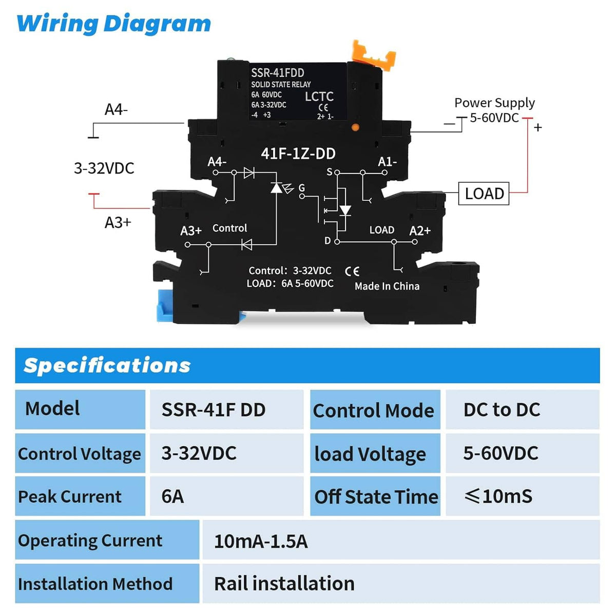 Solid state relay wiring diagram showing control and load terminals plus key specs.