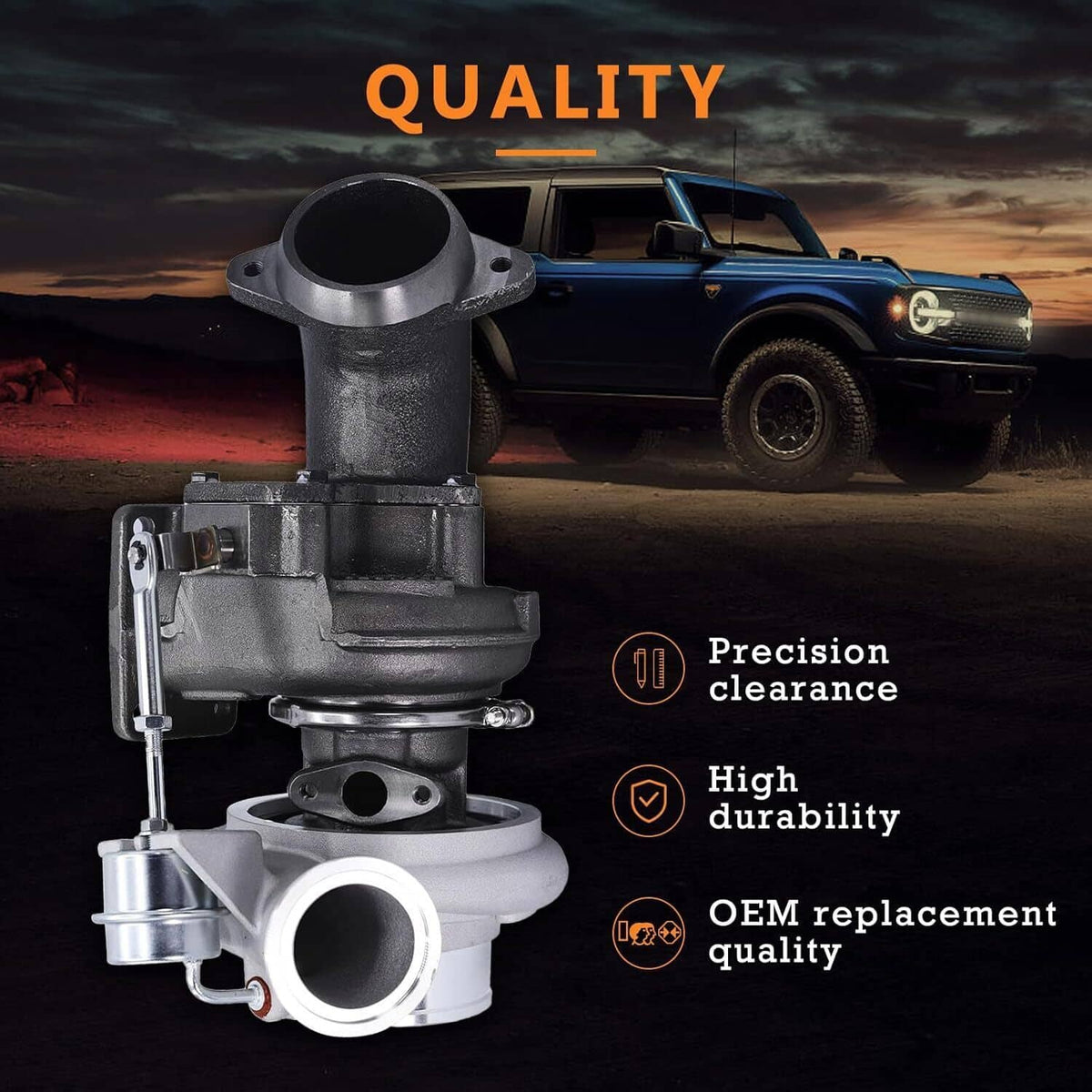 Turbocharger with silver inlet and dark body, OEM replacement presentation