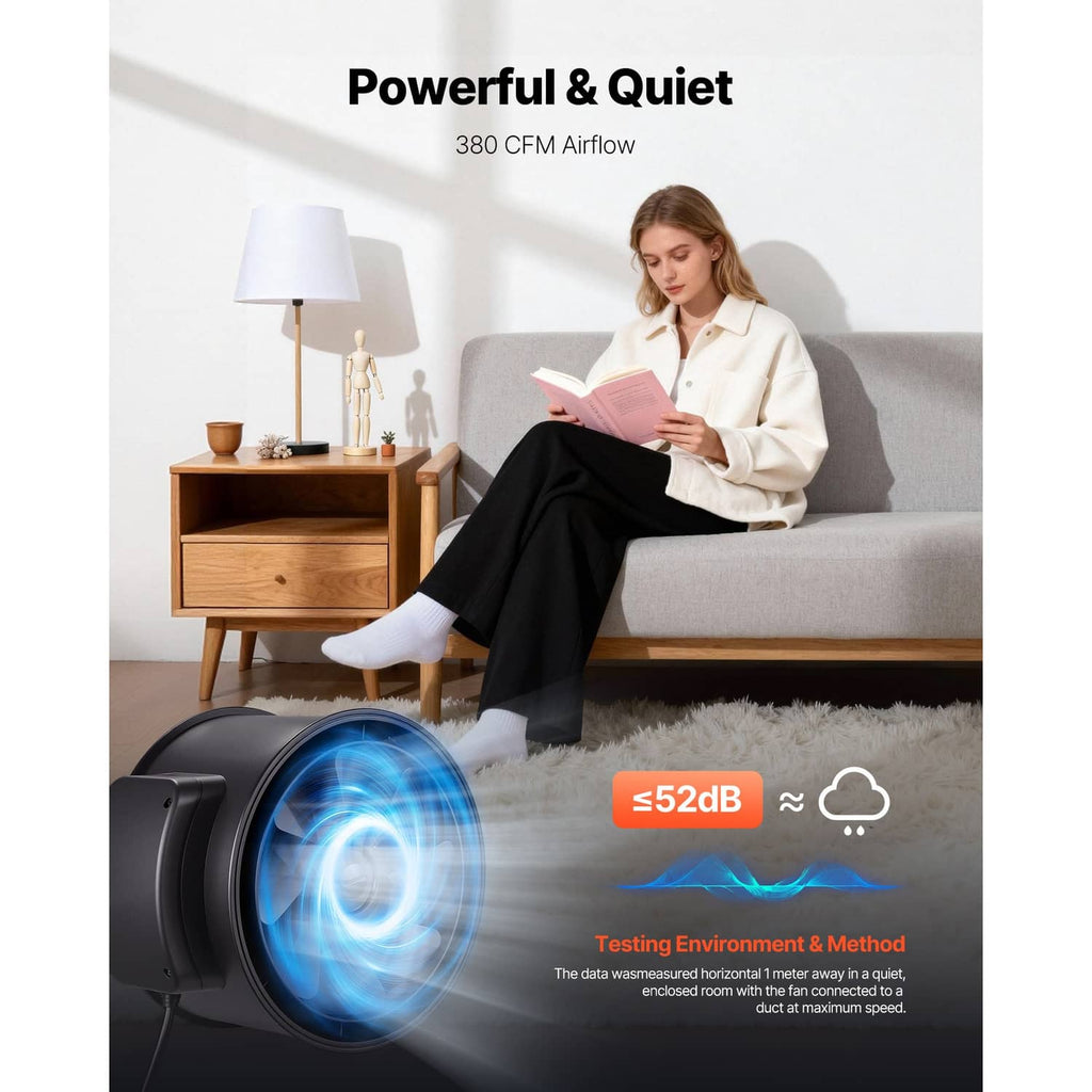 Inline ventilation fan infographic with 380 CFM airflow and quiet operation indicator