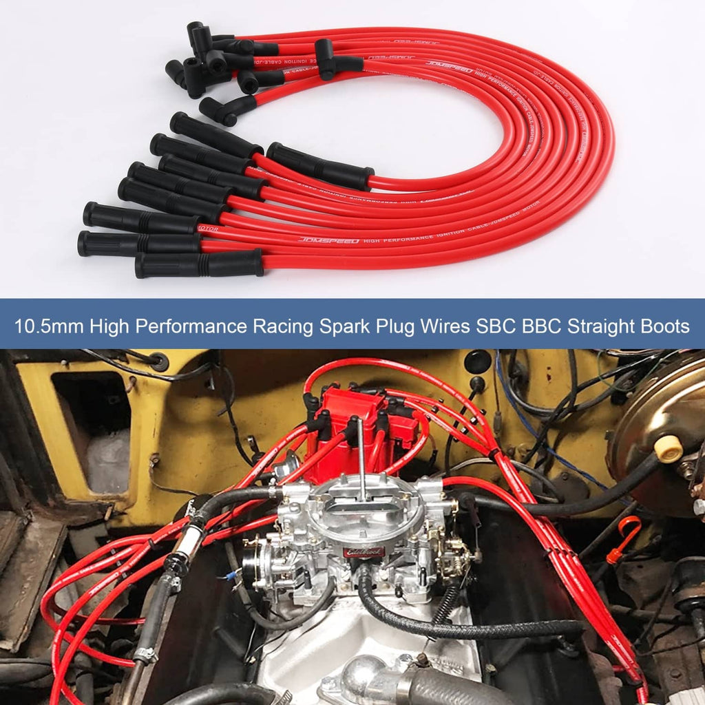 Red spark plug wires with black boots installed on engine bay