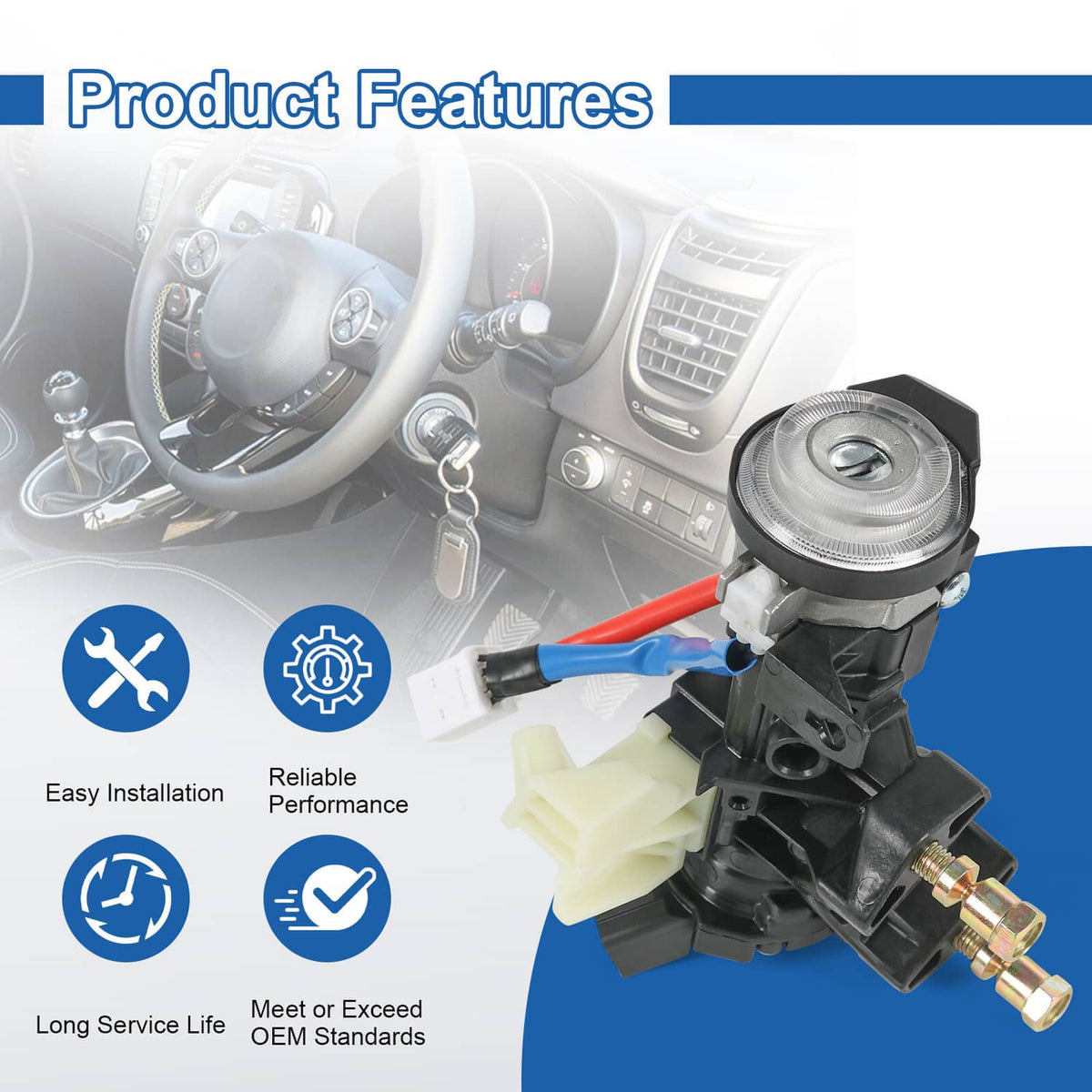 Ignition lock switch assembly with ignition cylinder and key cylinder housing, black
