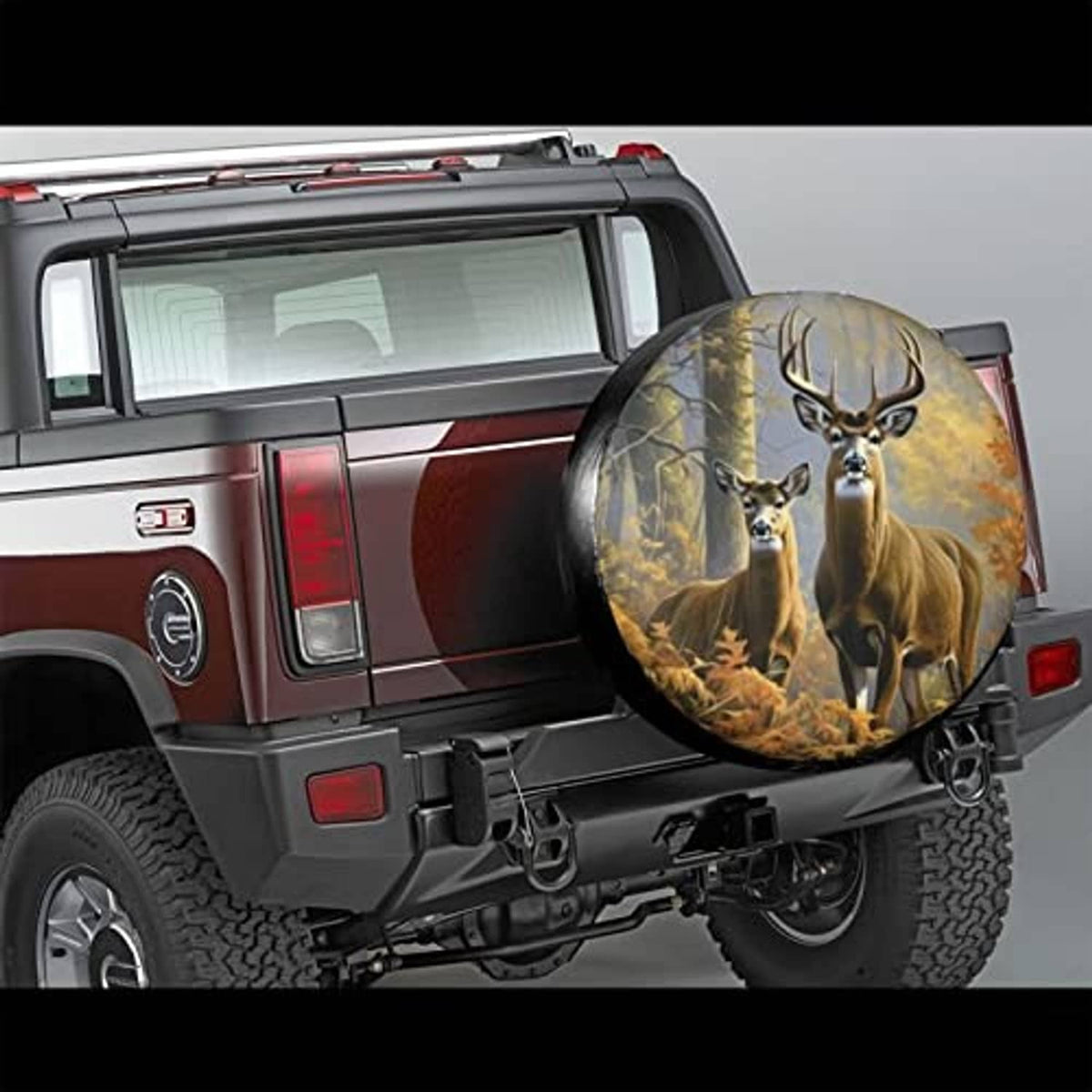 Two-deer printed spare tire cover mounted on an RV SUV rear
