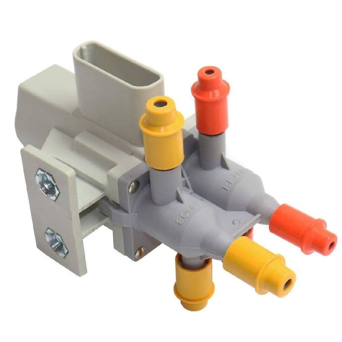 6-port fuel tank selector valve assembly with gray body and orange/yellow ports