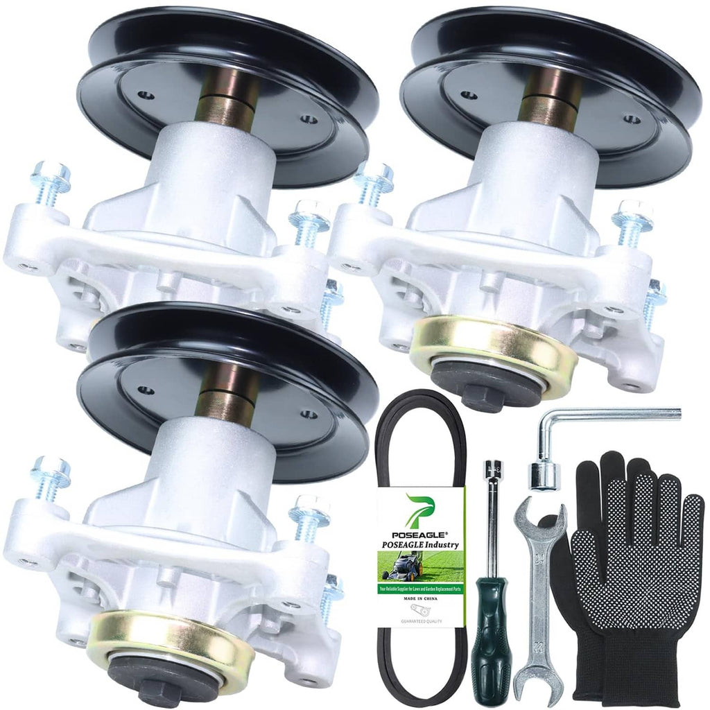 Lawn mower spindle pulley and belt kit with black pulleys, silver mounts, and belt