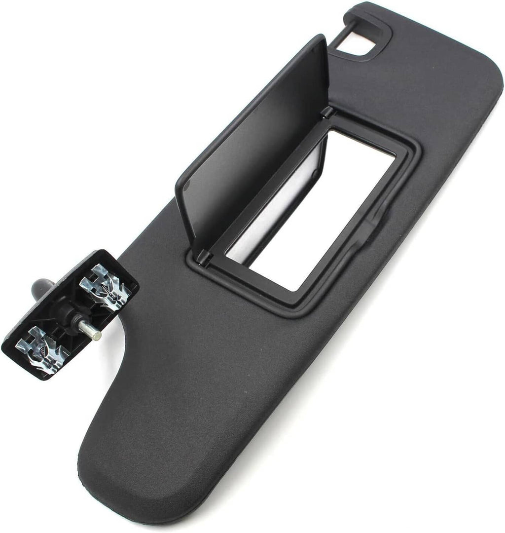 Black driver-side sun visor with mirror cutout and mounting clips