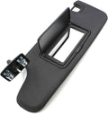 Black driver-side sun visor with mirror cutout and mounting clips