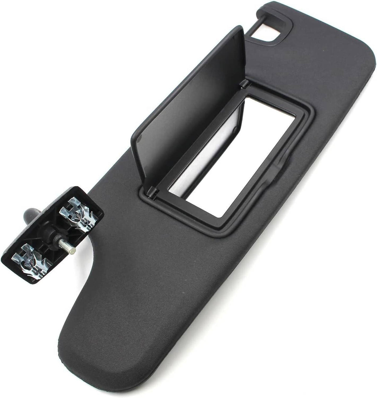 Black driver-side sun visor with mirror cutout and mounting clips