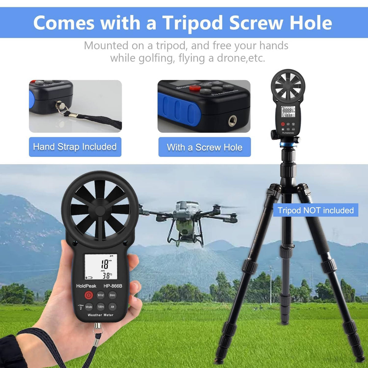 Black handheld anemometer with strap and tripod screw hole mount