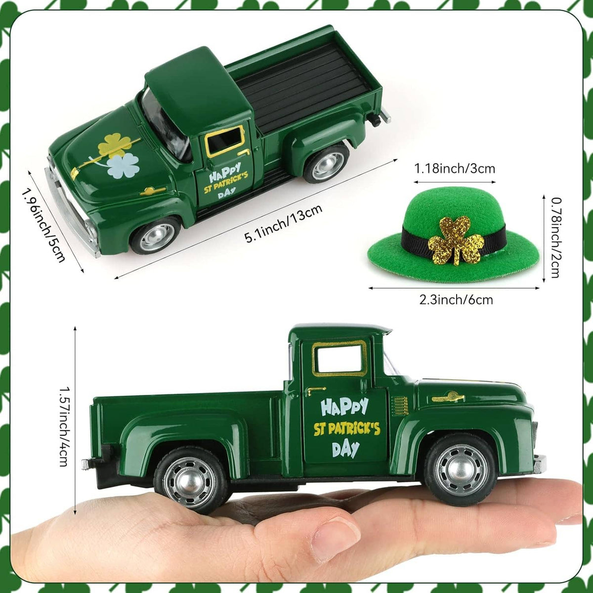 Green mini die-cast truck with St. Patrick's Day print, shown with green hat