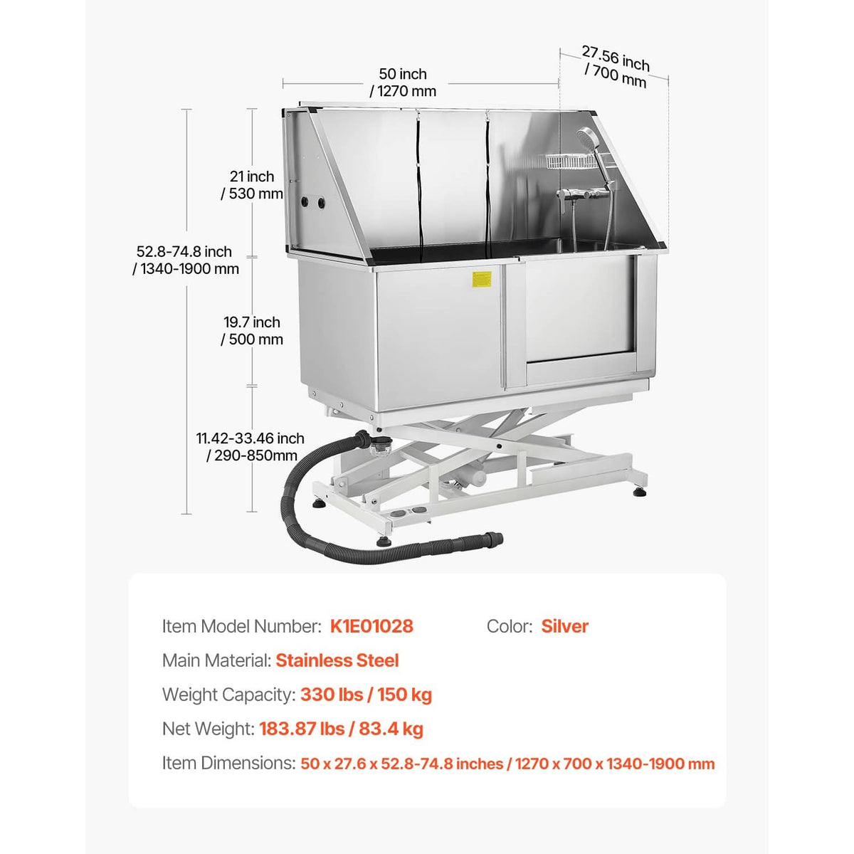 Stainless steel electric lift grooming bath tub on stand with hose and measured layout
