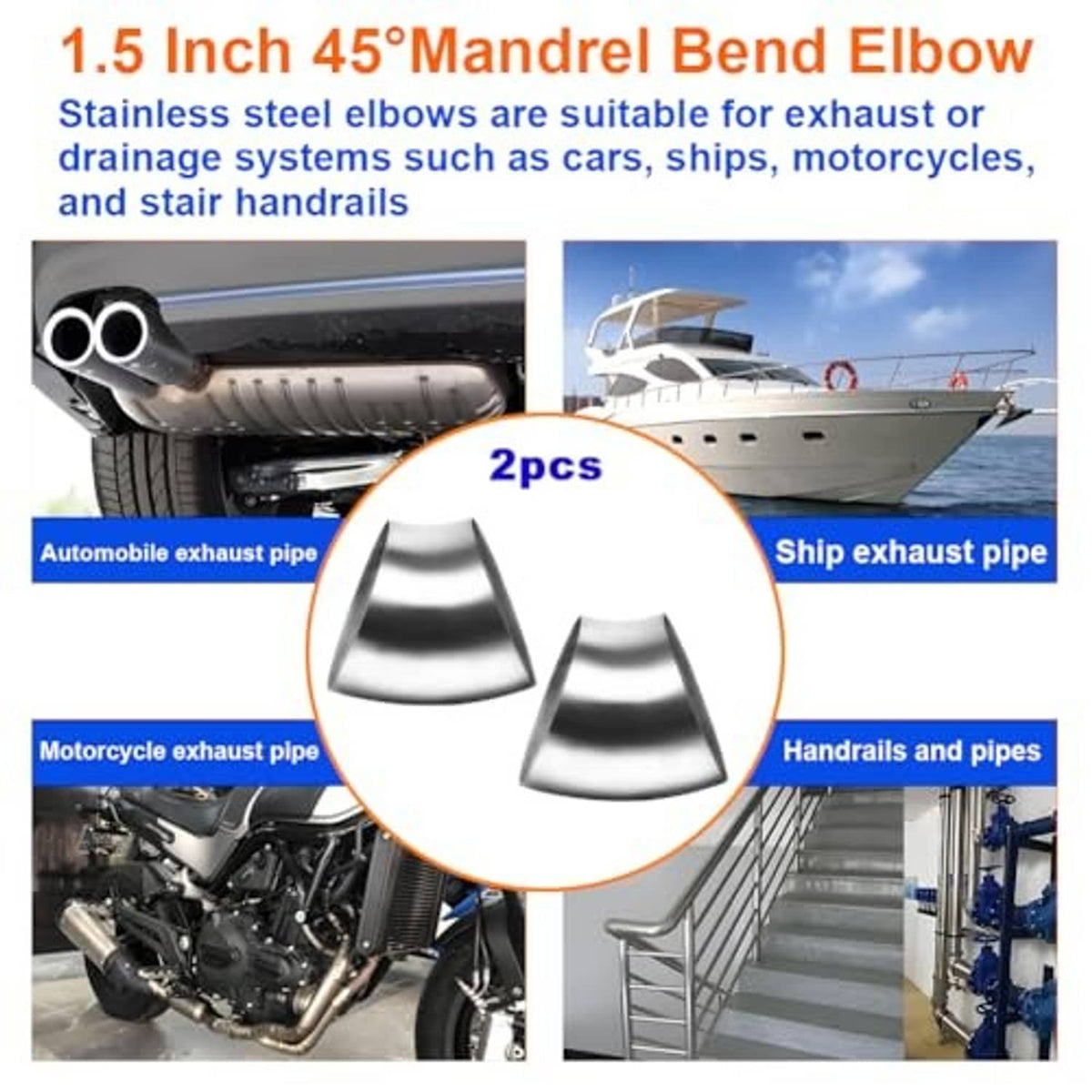 Set of stainless steel 45-degree mandrel bend elbows shown as two matching pieces