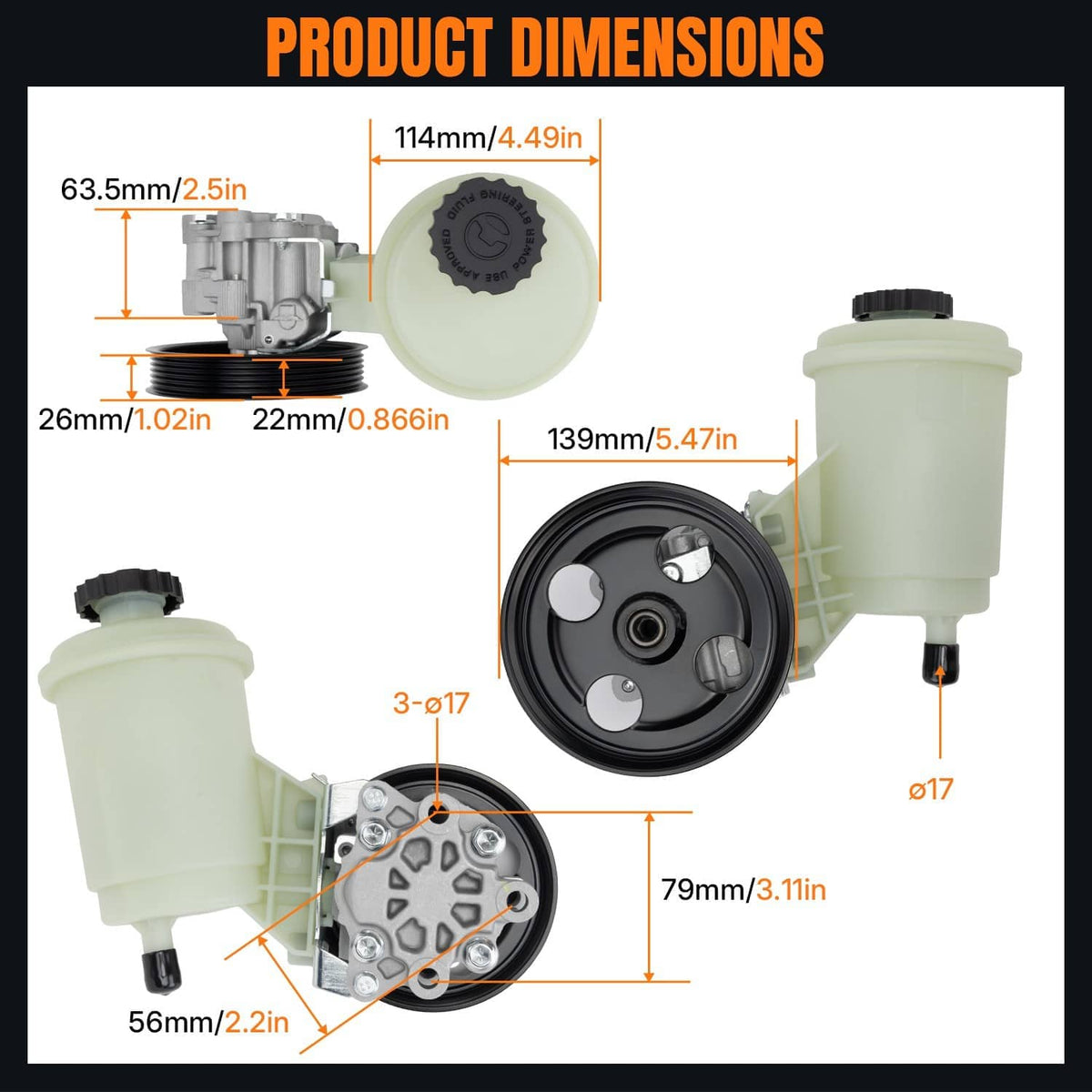 Power steering pump dimensions diagram with reservoir and black pulley shown.