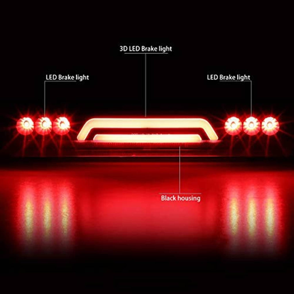 Red-lit 3D LED brake light bar with black housing and clear lens