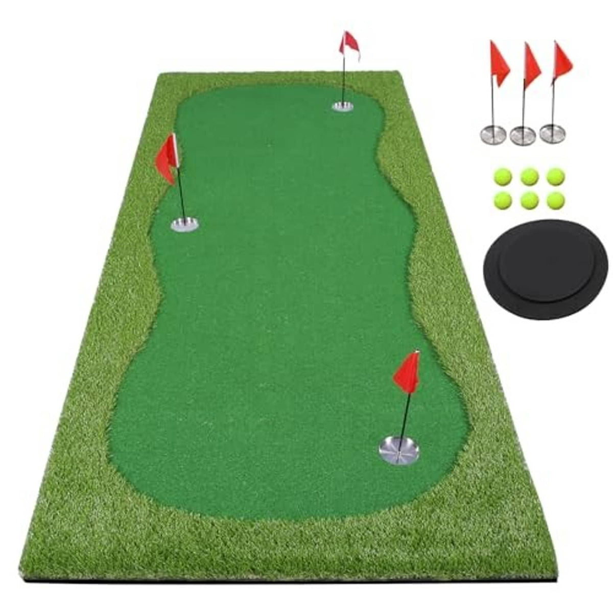 Green putting mat with three metal flag holes and textured turf surface