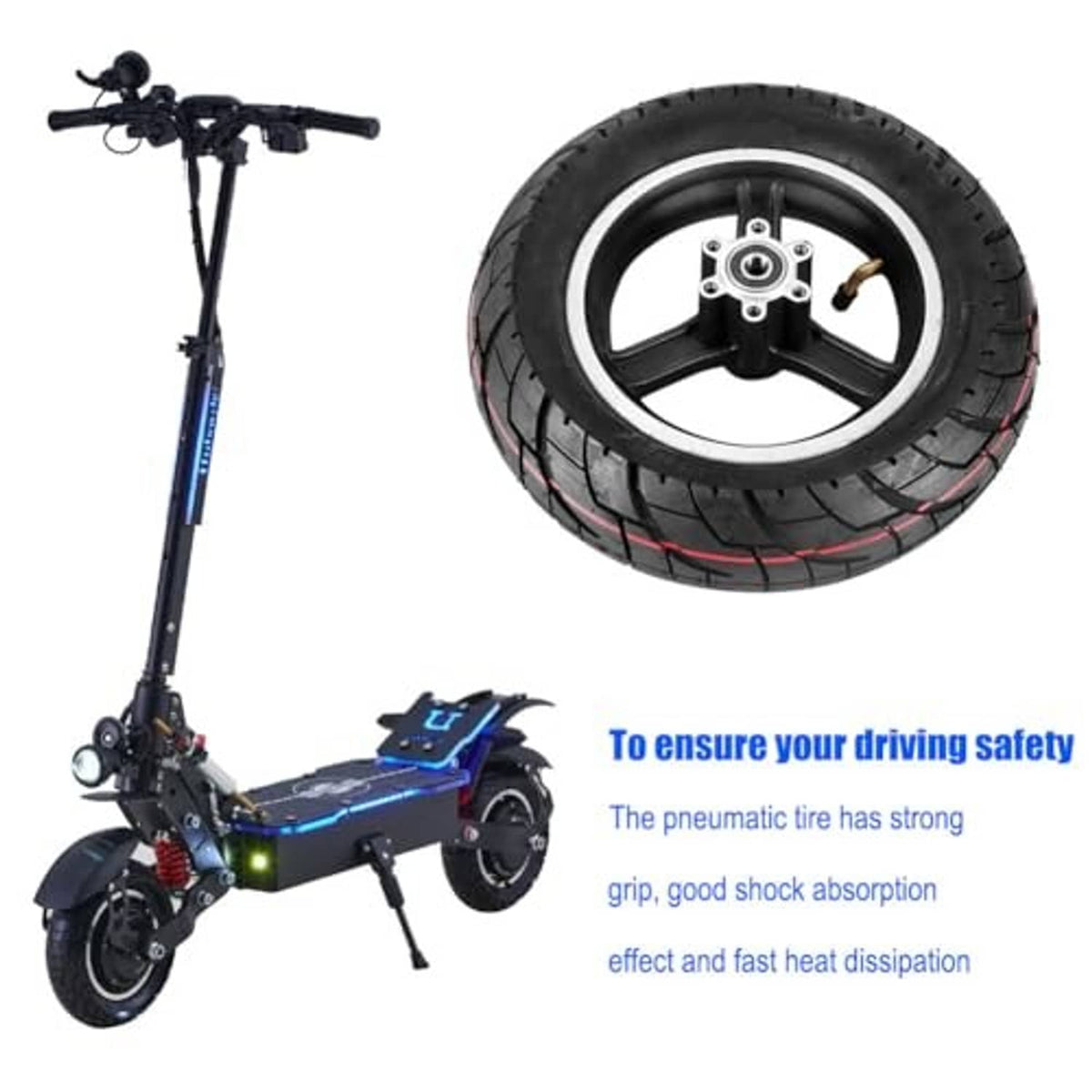 10-inch scooter wheel tire with hub, black rubber with red tread lines