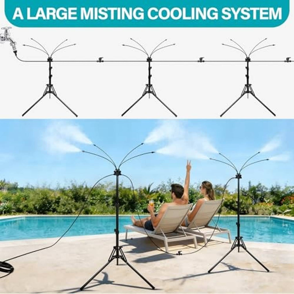 Large outdoor cooling misting system with multiple tripod-mounted spray heads