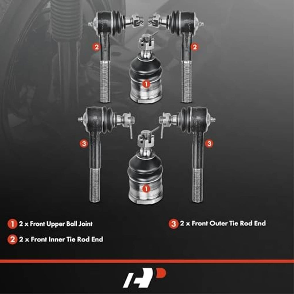 Suspension joints diagram showing front upper ball joint and inner/outer tie rod ends