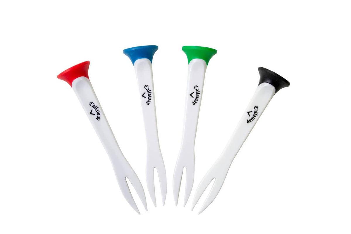 Assorted plastic golf tees set with red, blue, green, and black heads on white shafts
