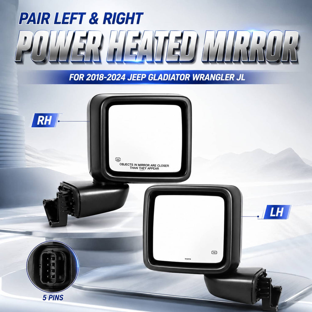 Pair of black power heated side mirrors with 5-pin connector housing