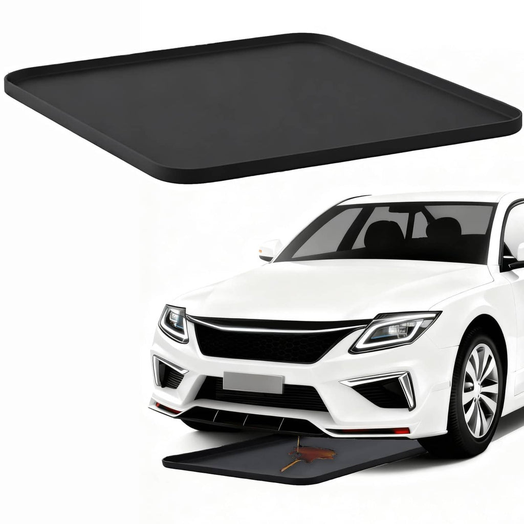 Black waterproof oil drip pan for under car, flat garage spill mat with raised edges