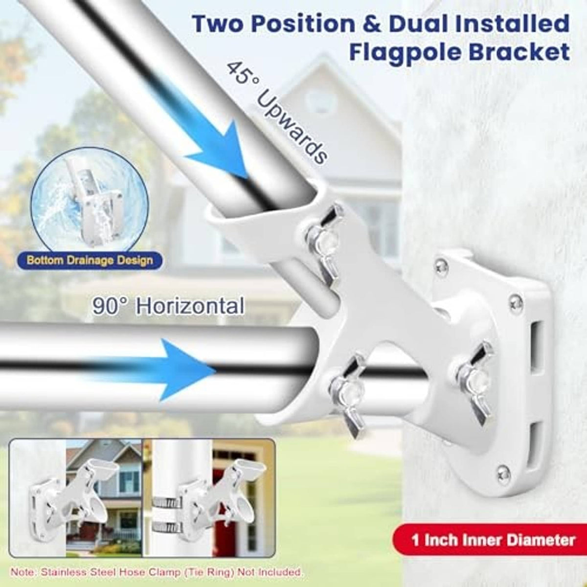 White dual-position flagpole mounting bracket with hardware and inner clamp