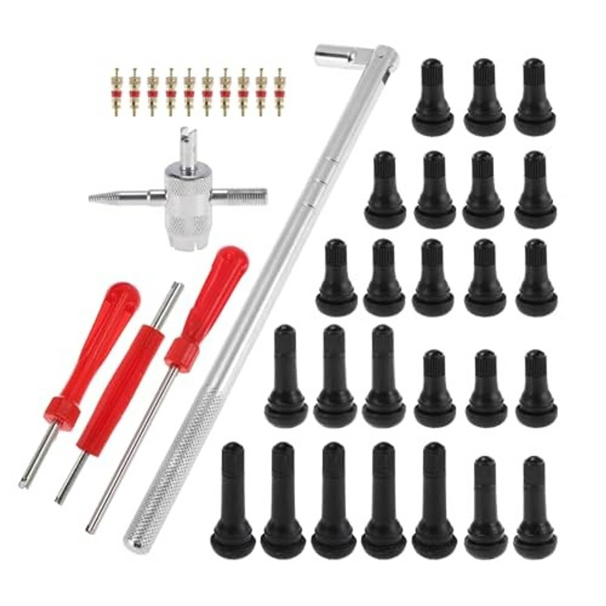 Tire valve stem puller set showing chrome puller, red handles, and multiple black caps.