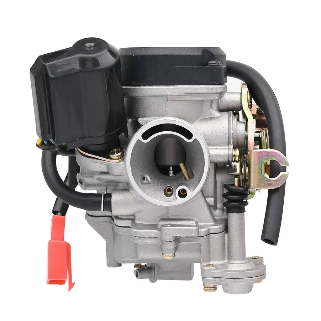 Scooter carburetor assembly with black housing, throttle body, and fuel hose