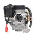 Scooter carburetor assembly with black housing, throttle body, and fuel hose