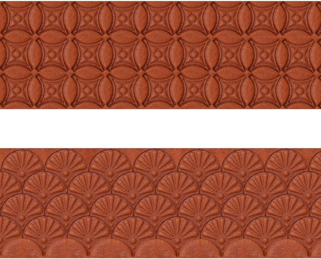 Brown leather sheet with repeating embossed floral and star border pattern
