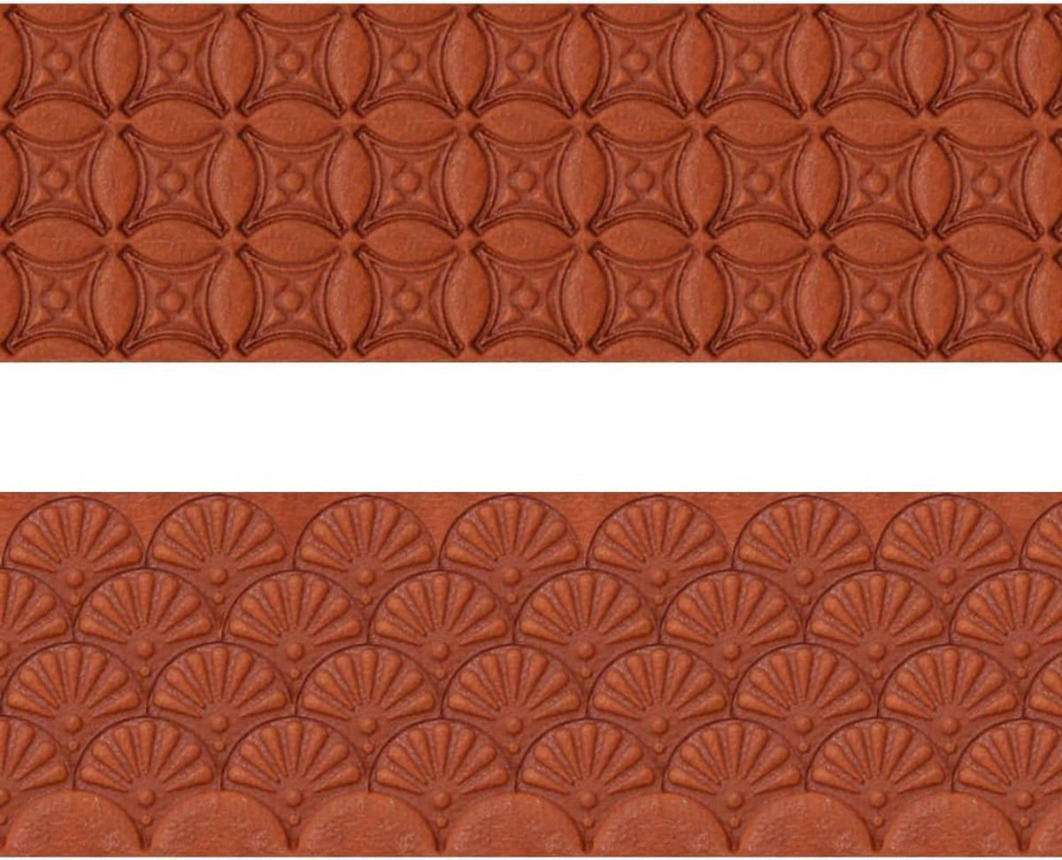 Brown leather sheet with repeating embossed floral and star border pattern