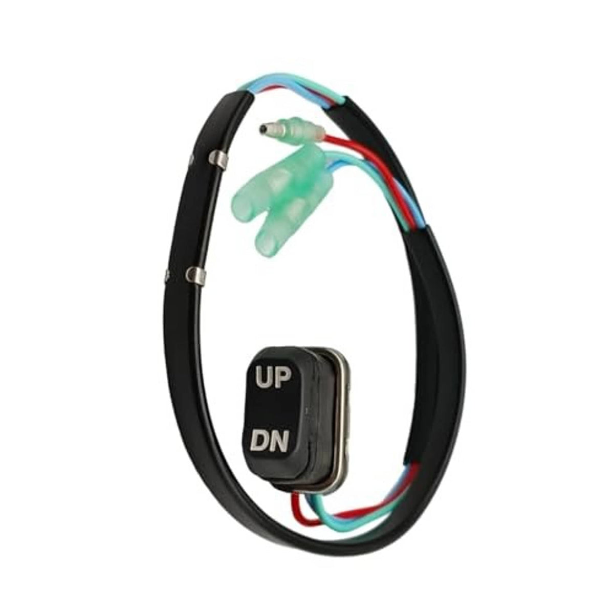 Trim & tilt switch wiring harness with black rocker button and green inline connector