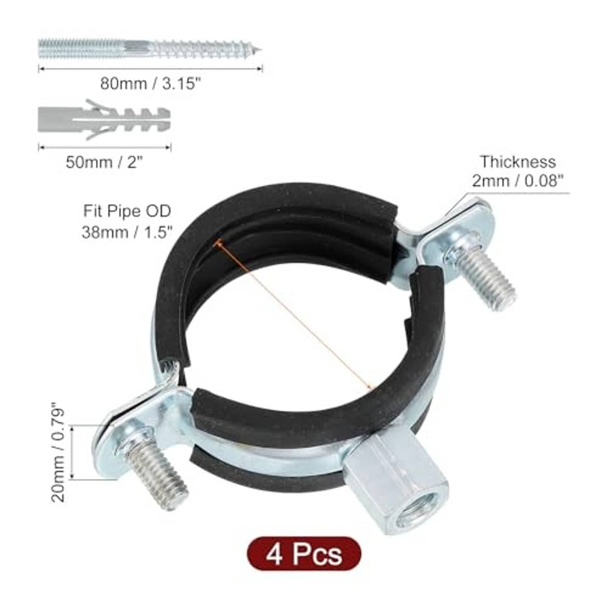 Adjustable split pipe clamp bracket, black rubber ring with galvanized metal base