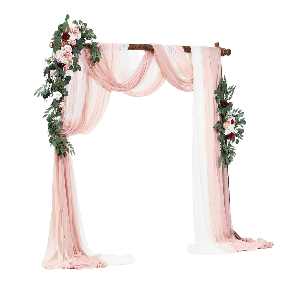 Artificial wedding arch flower kit with pink drapes and pink-and-white floral side garlands