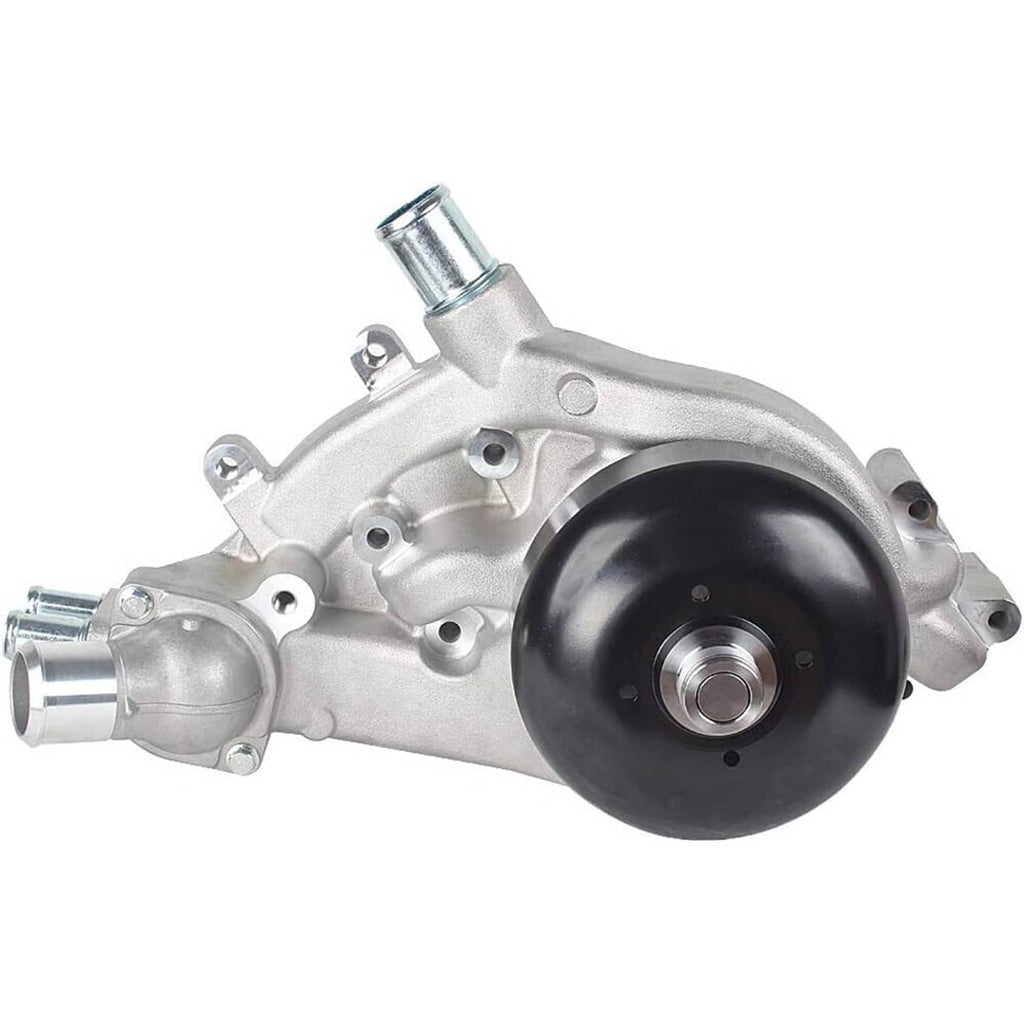 Water pump with thermostat, silver aluminum body with black circular housing