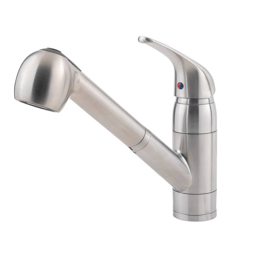 Stainless steel 1-handle kitchen faucet with curved spout and round control lever